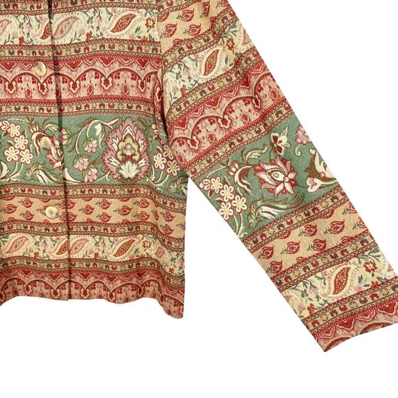 Coldwater Creek Sz Large Tapestry Jacket Red Green Long Sleeve Blouse Shirt Top - Picture 6 of 7